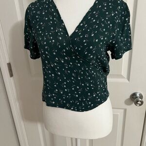 Brandy Melville short sleeve wrap top green with white, V-neck.